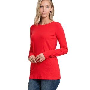 Women’s Zenana Cotton Crew Neck Relaxed Fit Long Sleeve Tee - Ruby